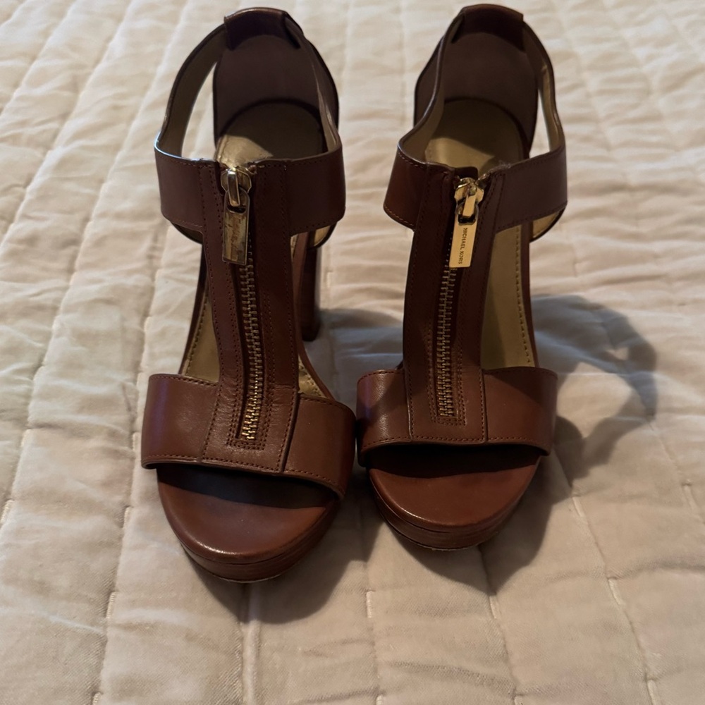 Michael Kors Brown Leather Heels with Gold Zipper